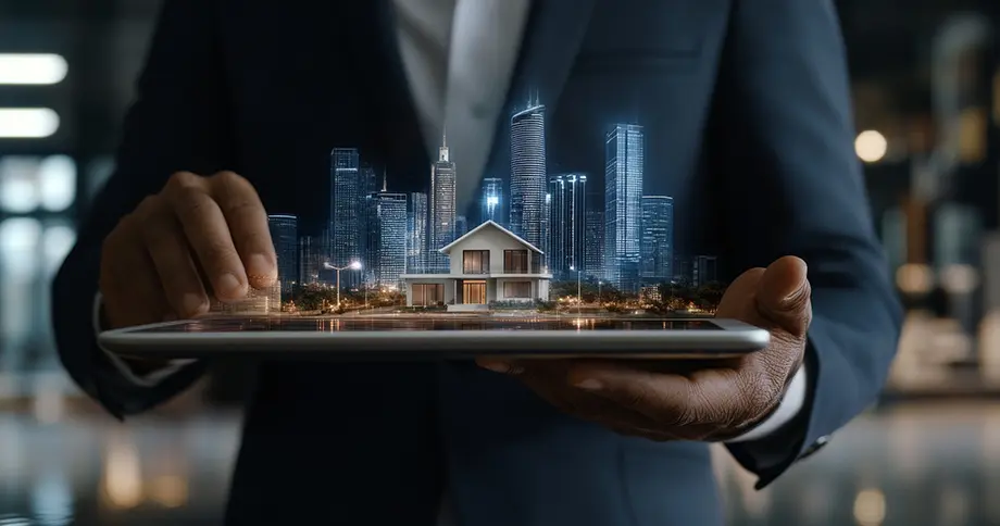 Geschäftsmann hält Tablet mit holografischer Darstellung von Haus und Skyline. Symbolbild für Moderne Immobilienvisualisierung.